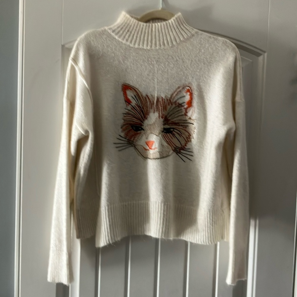ANTHROPOLOGIE MOTH Miaou Cat Embroidered  Mock Neck Sweater ivory  Medium